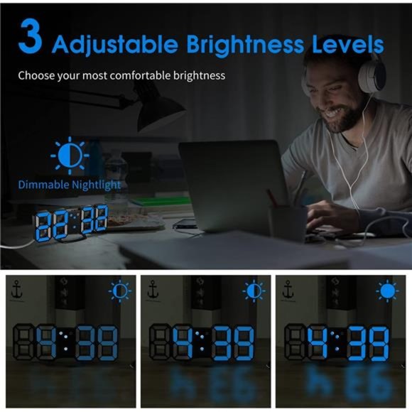 3D LED Wall Clock,8.4" Digital Wall Clock,LED Clock with 3 Adjustable Brightness - Picture 3 of 7